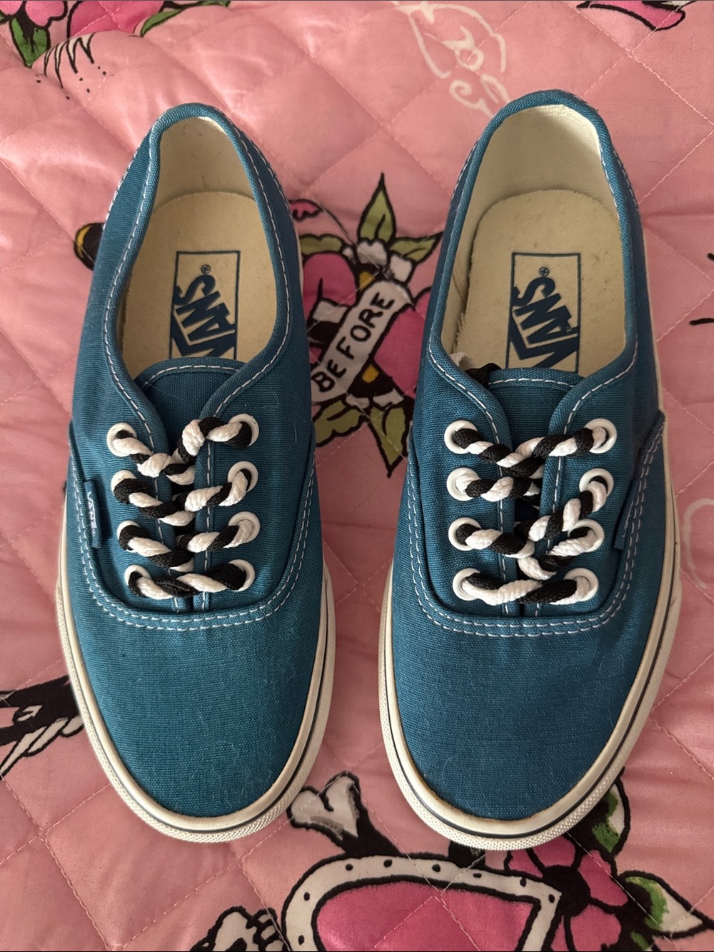 Vans Teal Canvas Low-Top Sneakers with Custom Laced Black & White Laces